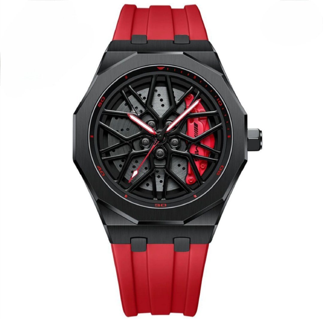 3D Rim Hub Sports Watch for Men - Black & Yellow Car Wheel Design, Stainless Steel Quartz Movement - Image 5