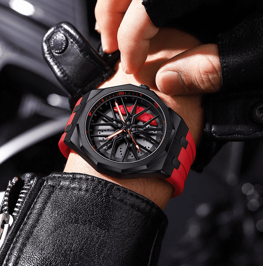 3D Rim Hub Sports Watch for Men - Black & Yellow Car Wheel Design, Stainless Steel Quartz Movement - Image 8