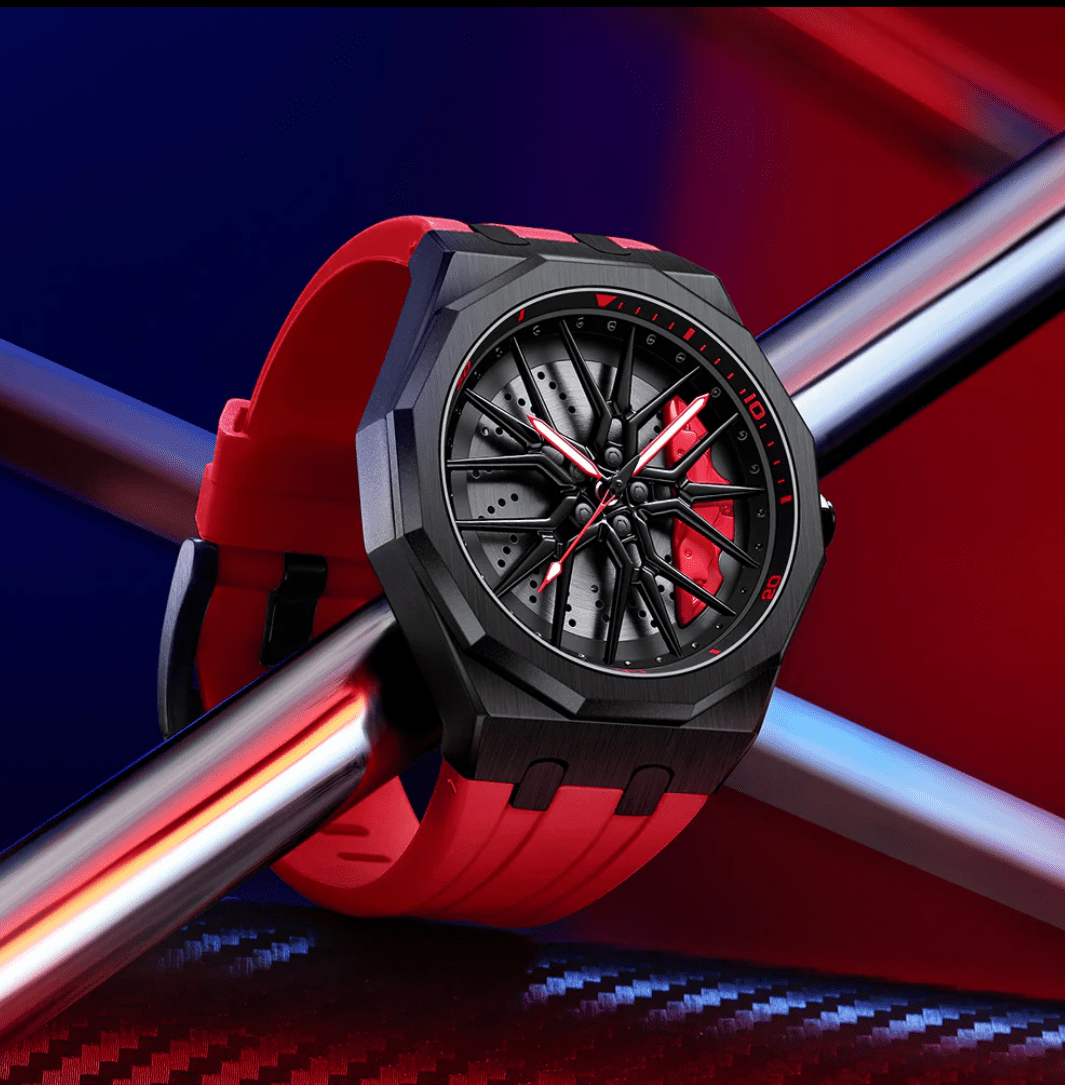 3D Rim Hub Sports Watch for Men - Black & Yellow Car Wheel Design, Stainless Steel Quartz Movement - Image 2