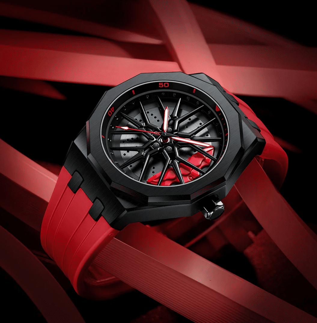 3D Rim Hub Sports Watch for Men - Black & Yellow Car Wheel Design, Stainless Steel Quartz Movement - Image 4