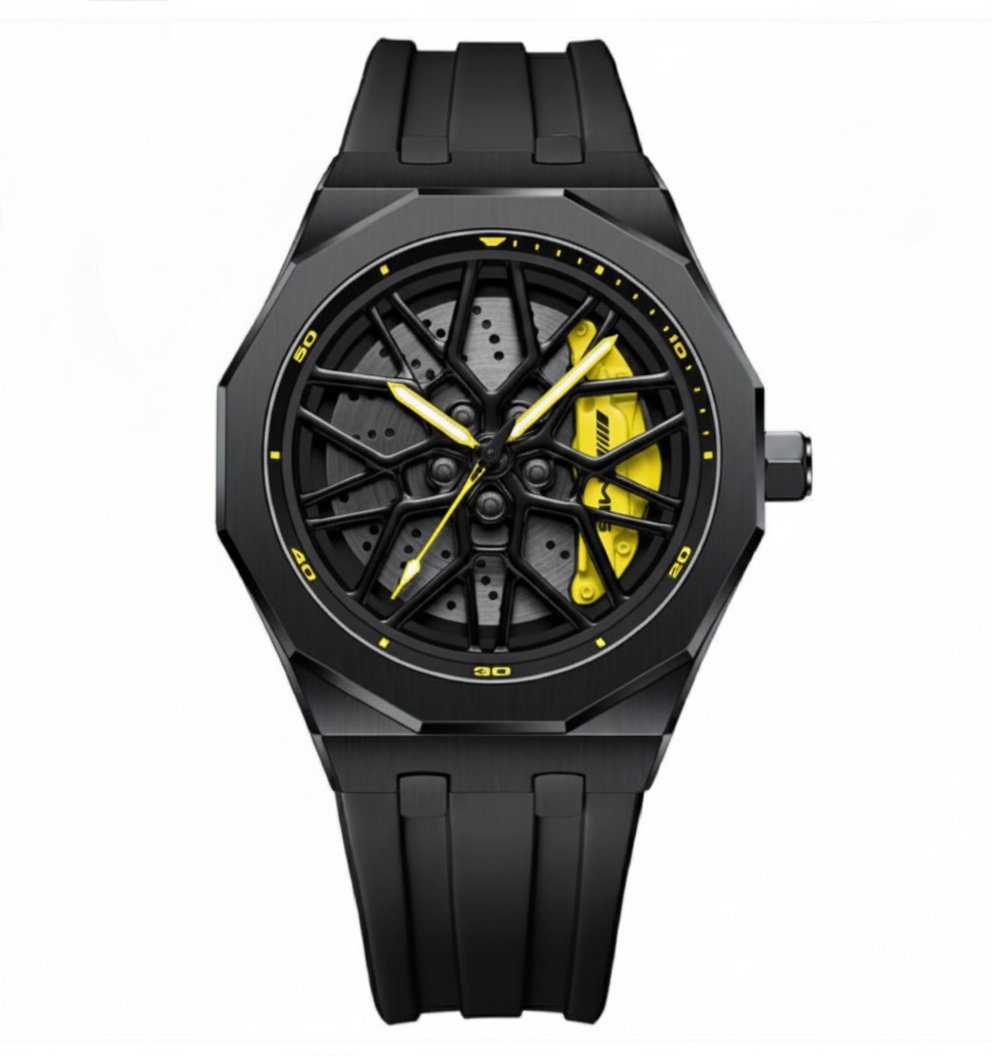 3D Rim Hub Sports Watch for Men - Black & Yellow Car Wheel Design, Stainless Steel Quartz Movement - Image 3