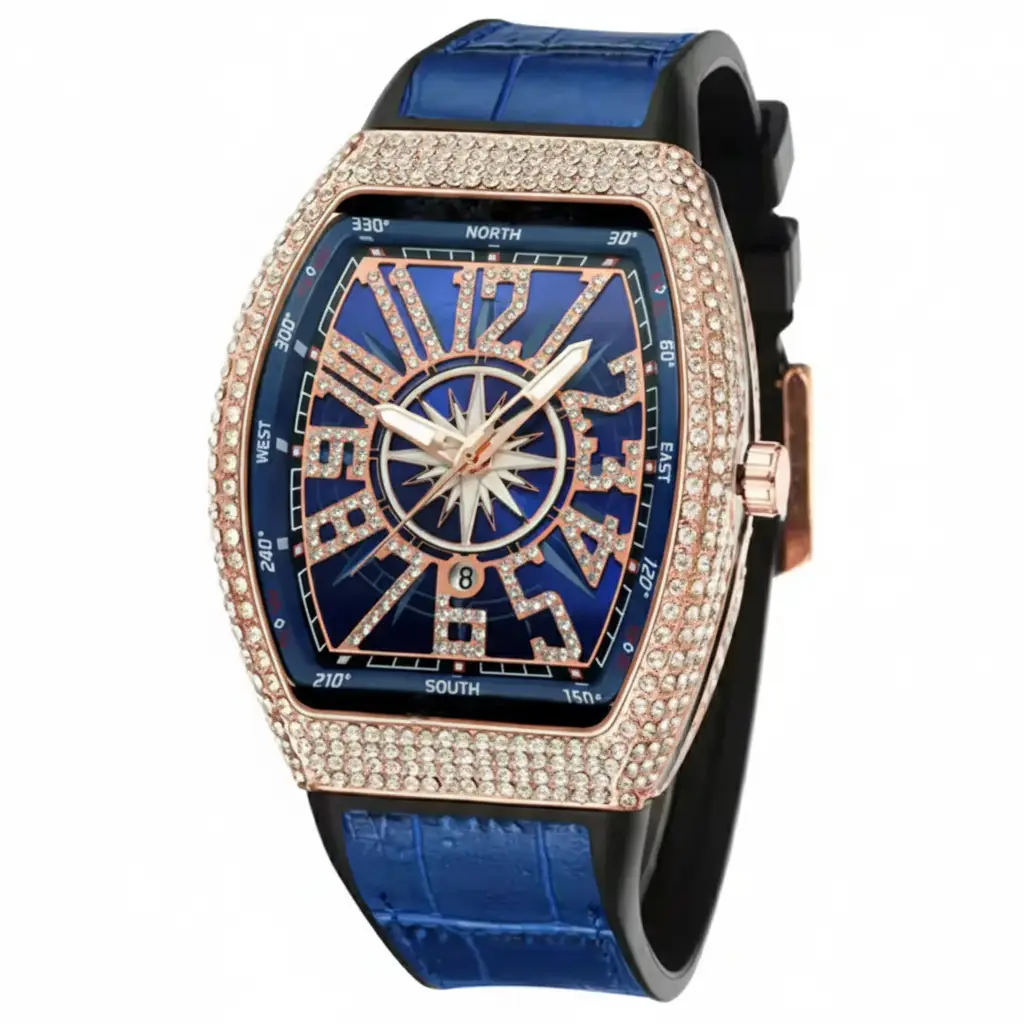Men's Ultimate Bling Tonneau Watch | Rose Gold Tone Case & Rhinestones | DENVOSI Style - Image 2