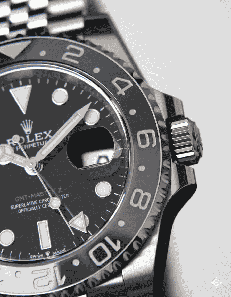 Premium GMT-Master II Style Replica | Black & Grey Bezel | Stainless Steel Jubilee Bracelet - Image 4