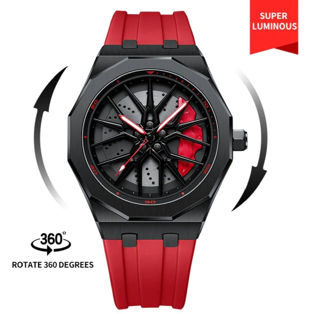 3D Rim Hub Sports Watch for Men - Black & Yellow Car Wheel Design, Stainless Steel Quartz Movement